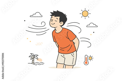Breezy Warm Sensation. Wind heat humidity sensations. A person leans slightly into a breeze, eyes closed, with curved motion lines showing airflow around the