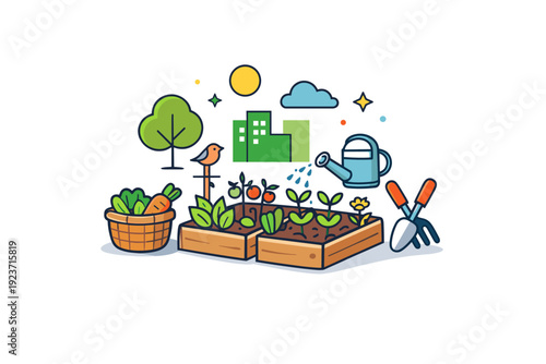 Sustainable gardening and urban green spaces represented through a compact community garden plot with shared tools and small