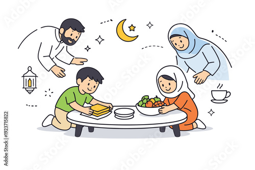 Children helping with iftar setup. Kids calmly placing napkins or fruit bowls on a low table as adults gently guide in the background. Soft
