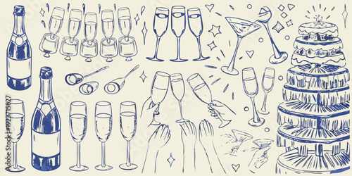 Vintage style illustration of champagne cake and celebratory elements