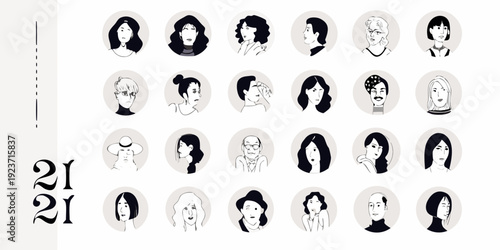Collection of minimalist black and white portraits of diverse women s faces