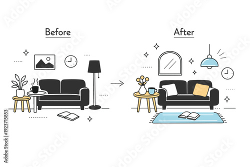 Quick interior refresh routine. A simple before-and-after style scene showing a subtle change in decor placement and light. The transformation feels soft,