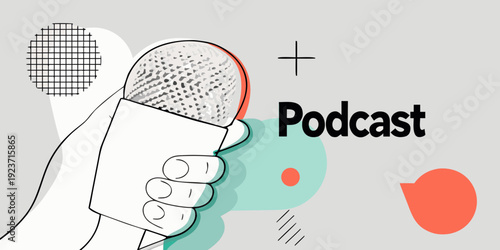 A hand holding a microphone with the word podcast featured prominently