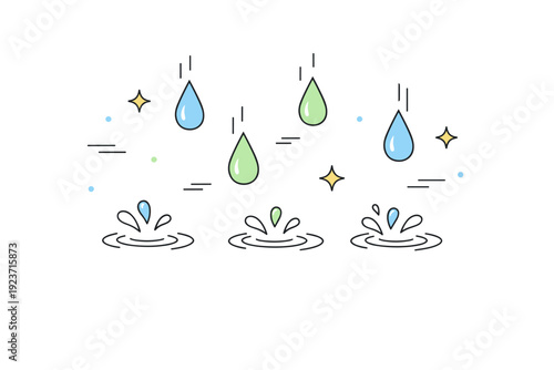 Raindrops falling. Gentle drops of rain falling on a surface with soft splashes, abstract stars and motion lines highlighting movement,