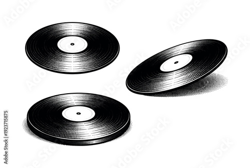 Vintage vinyl records displayed from different angles with a retro halftone dot effect