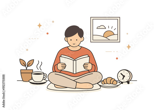 Cozy morning scene of a person reading a book with coffee and a croissant