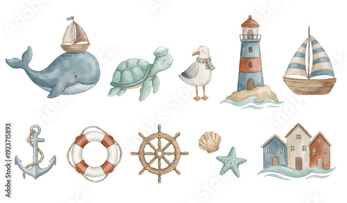 Cute ocean travel elements: anchor, lifebuoy, helm, starfish, shell, waves. Collection of Vector illustrations. Perfect for invitation, card, poster, banner, decoration
