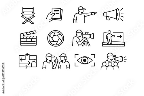 Film Directing. Line icon set of Film Directing: director chair, script in hand, pointing director, megaphone shout, film scene, camera lens,