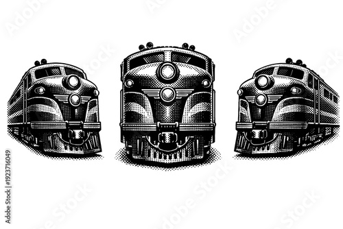 Train front view vintage passenger train. A vintage passenger train engine with rounded front, central headlight, decorative metal elements,