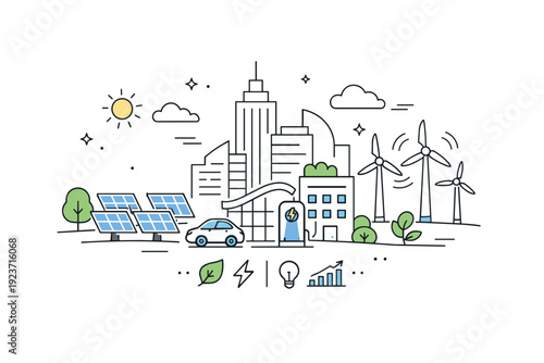Smart city energy solutions. Solar panels, wind turbines, and modern buildings working together in a balanced urban landscape. The
