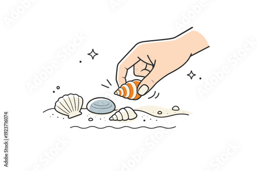 Shell collecting on beaches. A minimal close-up style scene of choosing one special shell from the sand. Attention to detail and quiet satisfaction. Minimalist