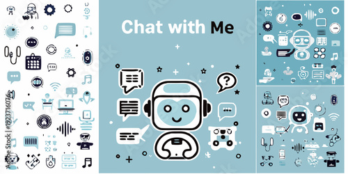 Chat with me illustration of communication icons and a robot face