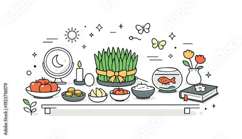 Haft-Seen table with traditional elements for Nowruz celebration