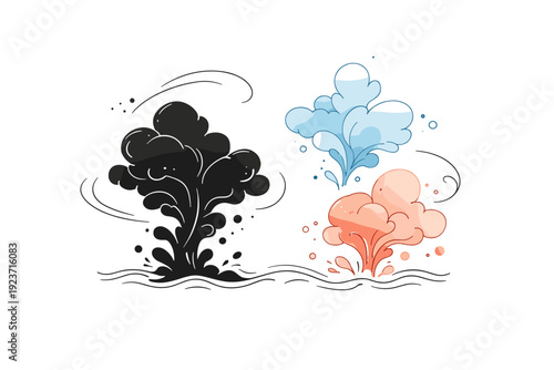 Ink drop watercolor effects. Abstract editorial scene of soft ink drops spreading in water, creating organic watercolor blooms with gentle edges. The