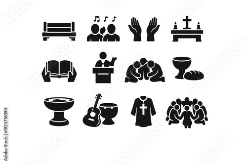 Christian Worship Practices. Solid icon set of Christian worship practices: church pews, singing worship, raised hands in praise, altar table, bible reading,