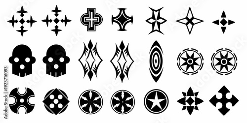 Collection of various black and white geometric symbols and shapes