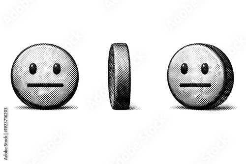 Smiley face with neutral expression icon object shown in three views including front view, side view, and angled view focusing on simple facial geometry and