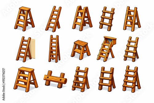 Wooden Ladder Icons. Wooden Ladder. Colorful isometric vector icons set of Wooden Ladder: classic step ladder, leaning wooden ladder, folding ladder, rustic