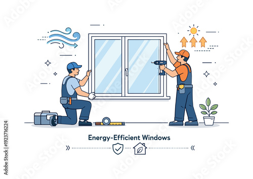 Two workers installing energy-efficient windows to improve home insulation and reduce drafts