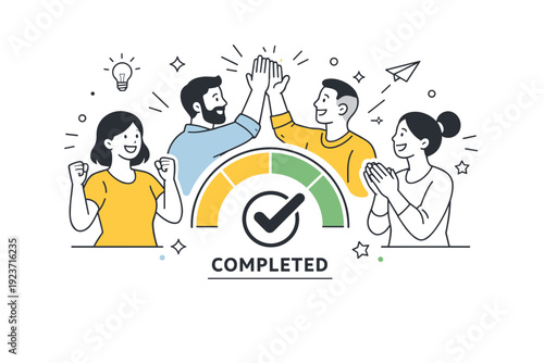 Celebrating milestone. Team members giving high-fives or smiling around a completed task indicator, expressing success and motivation.