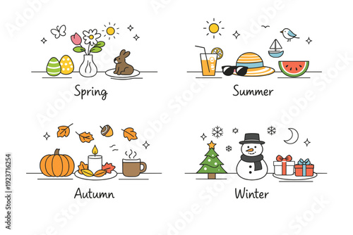 Seasonal celebration symbols. A table scene with simple decorations changing by season, shown in a minimal overview. Calm lifestyle mood with repeating