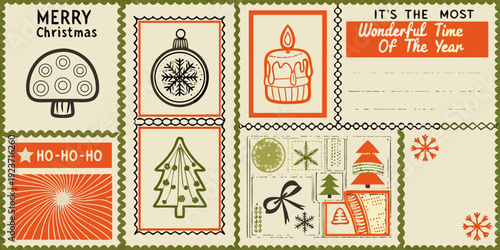 Festive christmas postage stamps arranged in a grid pattern