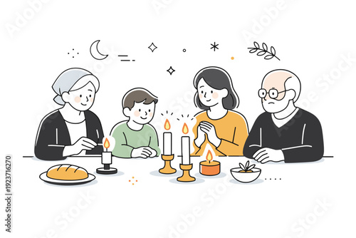 Celebrations and seasonal rituals. A family gathered around a table lighting candles and sharing a quiet moment. Intimate tradition and a