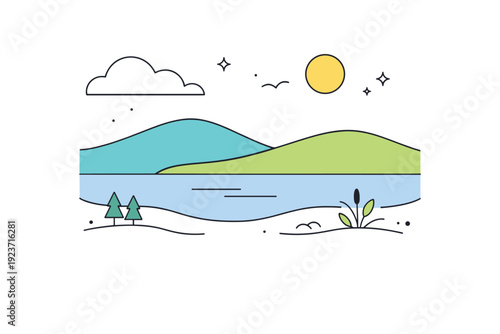 Landscape-inspired palette. Simplified layers of hills, water, and sky translated into calm color blocks, showing how nature informs design