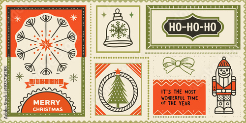 Festive christmas card designs with bells trees and santa claus motifs