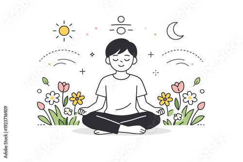 Spring spirituality concept. A calm editorial scene with a person sitting quietly among spring flowers, eyes closed in gentle meditation. The
