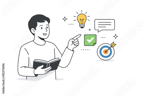 Pointing during explanation. A person presenting an idea while pointing at floating symbols or notes. Clear communication, teaching moment,