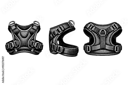 Pet harness chest plate accessory shown from front view, side view, and rear view as a single object set. Black and white dot style with halftone texture and