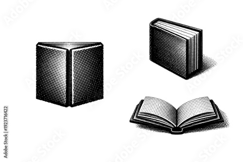Book club geometric badge with minimal book shape shown centered, rotated, and beveled depth view as a single object set. Black and white dot style with