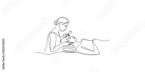 Line drawing illustration of a professional beautician performing a facial treatment on a client