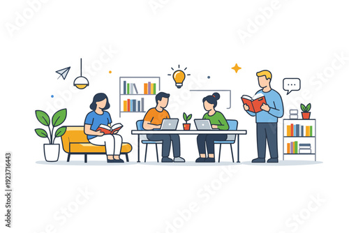 Modern Library Scene. Library modern public space with books, plants and minimal furniture, conveying openness, community and contemporary learning culture.