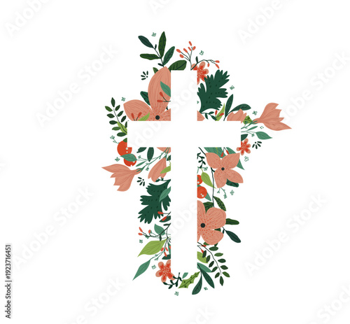 Christian cross. Vector drawing, Christian cross with flowers. Religious symbol, Easter holiday. Coloring book