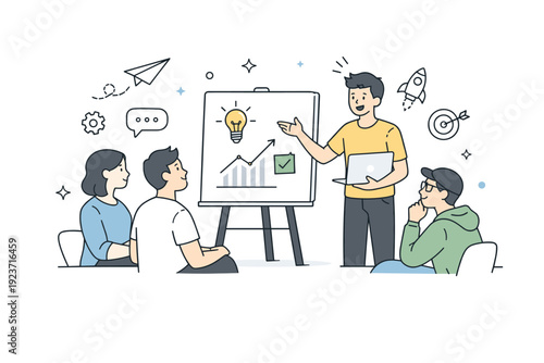 Startup culture. Founder presenting ideas on a simple board while teammates listen attentively, suggesting innovation and clarity. Friendly editorial scene