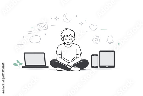 Screen exhaustion moments. Individual sitting quietly with screens dimmed, soft icons fading around. Calm end-of-day digital fatigue with space for rest and