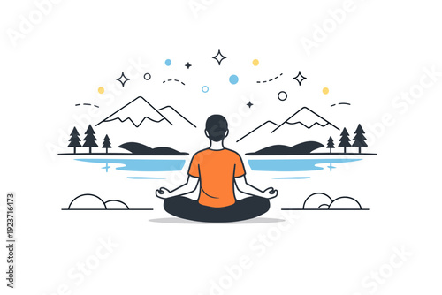 Meditation in nature. A figure meditating by a lake with mountains and trees in the background, abstract floating dots and stars emphasizing serenity and