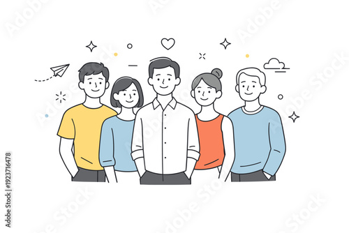 Smiling without reason. Several people stand in a loose group, some smiling softly without interaction. Unspoken shared calm, quiet emotional openness.