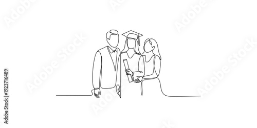 Continuous line drawing of a happy graduate student with parents celebrating graduation day