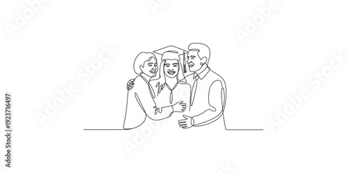 Continuous line drawing of three happy friends or family members hugging together in unity.