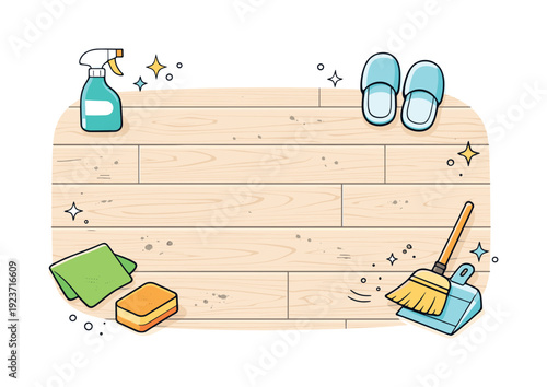 Cartoon cleaning supplies and tools arranged on a wooden floor background