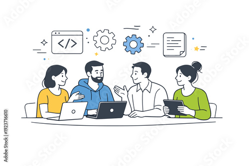Tech team collaborating. A group of engineers sitting around a desk with laptops and tablets, discussing a project with abstract line icons of code and gears