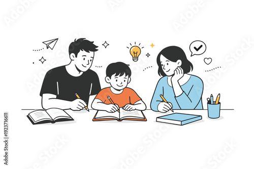Home learning routine. A family reviewing homework together with notebooks and pencils, relaxed and focused interaction. The mood feels supportive and patient.