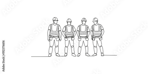 Continuous line drawing of four construction workers wearing hard hats and safety vests
