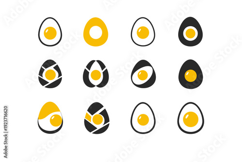 Egg. Icon set. Set Logo of egg: egg with yolk. harmonious logo variations of the same emblematic concept, each with different artistic interpretation (Iconic