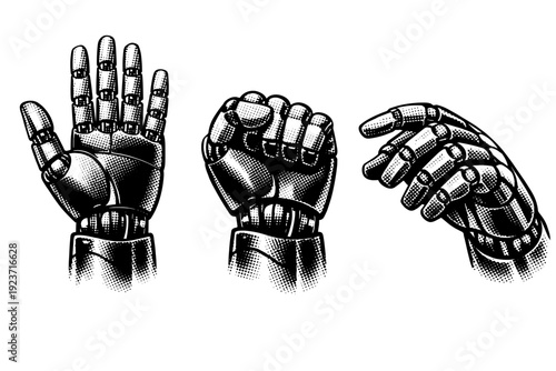 Humanoid robot ? robotic hand. A single humanoid robot hand shown in three views including open palm, clenched, and angled