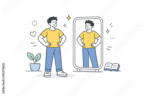 Building self-esteem. A friendly character standing confidently in front of a mirror, posture relaxed and open. The scene conveys