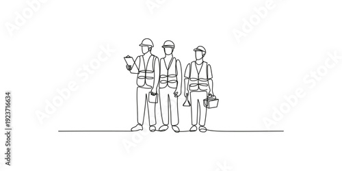 Minimalist line drawing of three construction workers wearing safety gear and hard hats.